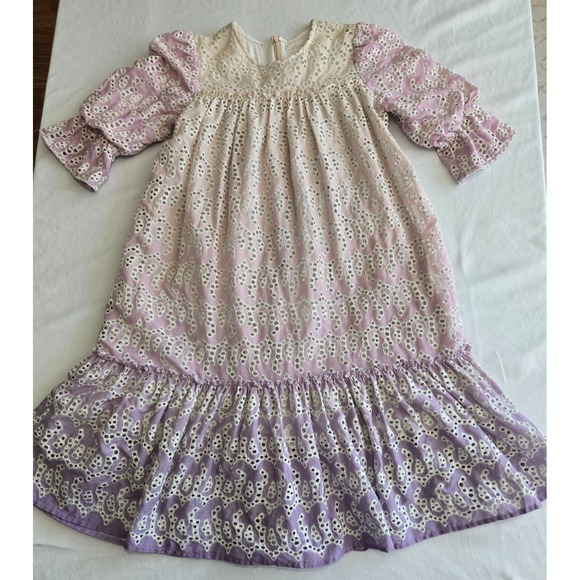 Girls Size 14 Ombre Eyelet Easter Dress Pink Purple Long Sleeve Cottagecore Boho - Picture 4 of 14